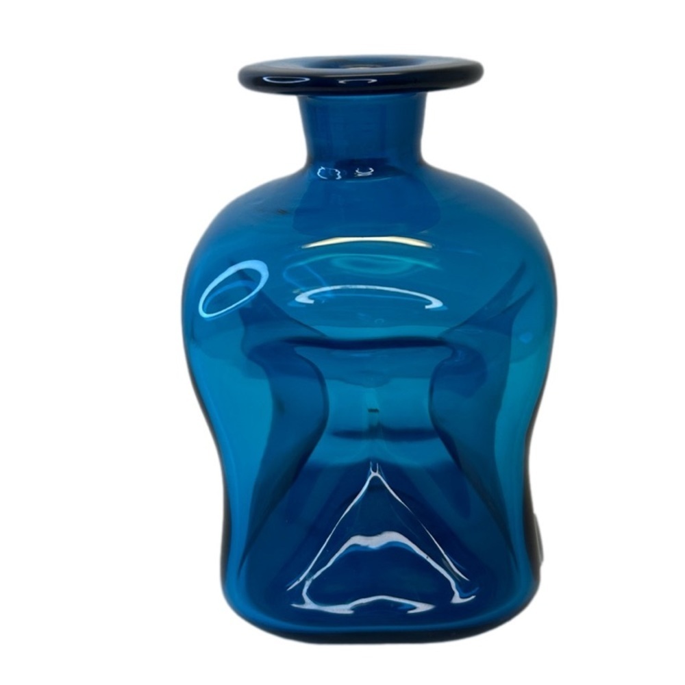Blue Hand Blown "KLUK KLUK" Pinch Art Glass Decanter No Stopper 6” X 3.5” MCM